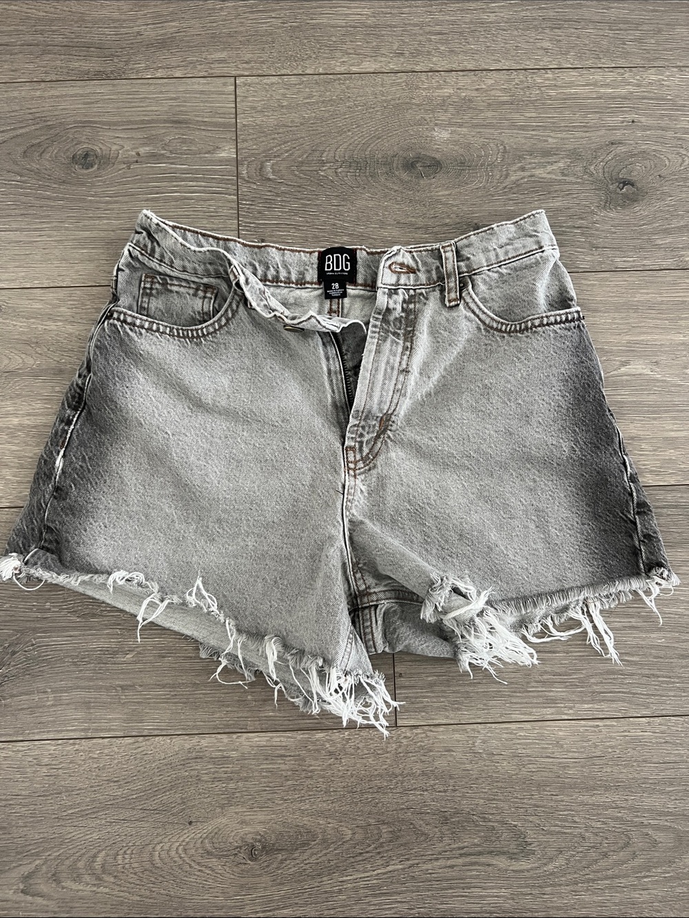 BDG Light Gray High-Rise Frayed Denim Shorts